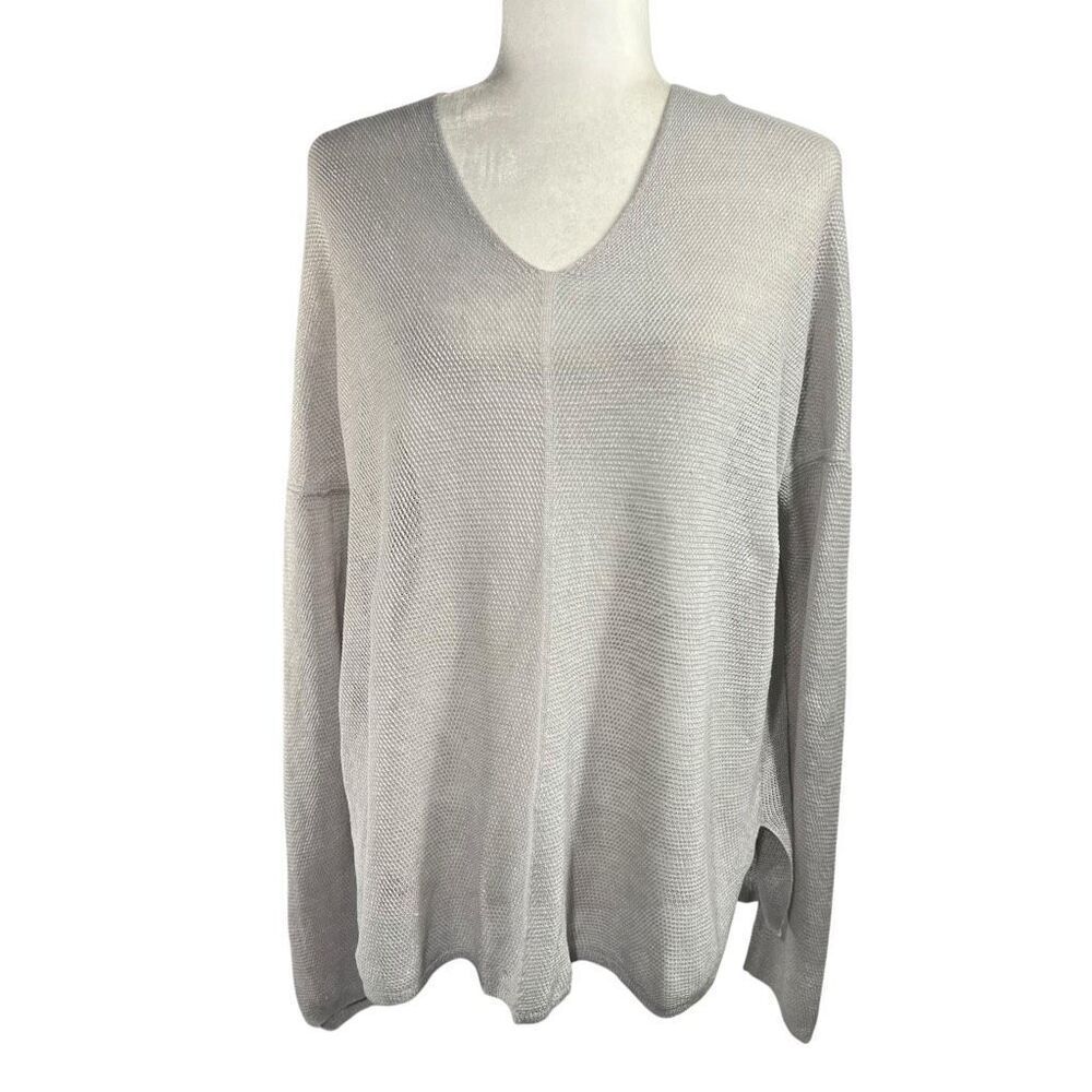 Margaret O'Leary Medium Lightweight Gray V-Neck Sweater Open Knit Linen